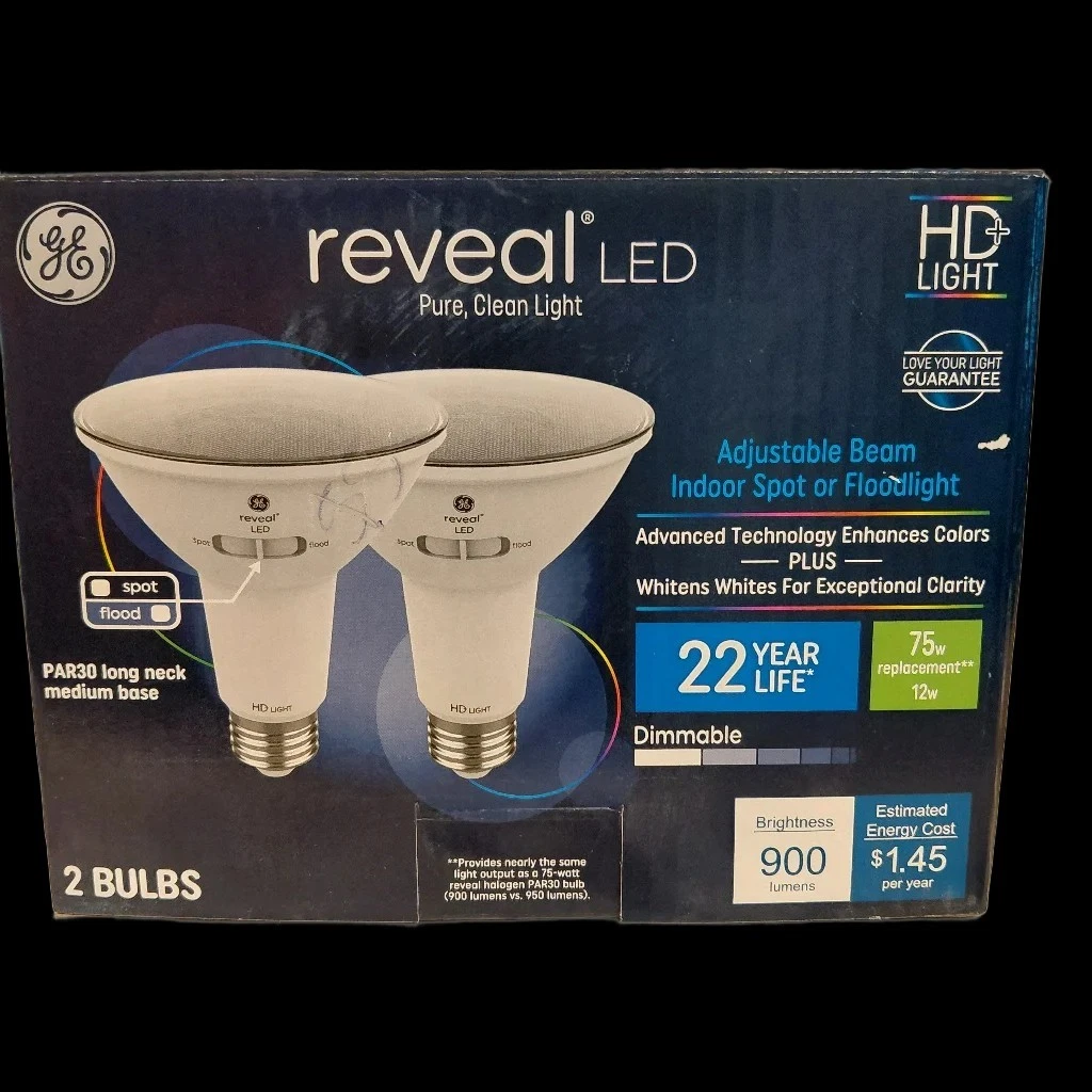 GE Reveal HD+ LED PAR30 Light Bulbs Adjustable Beam Spot/Flood 2 Pack