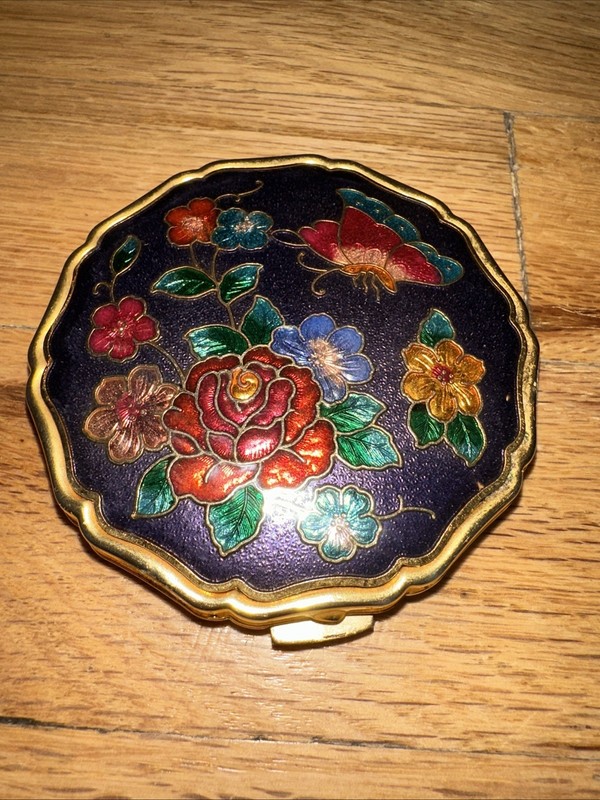 Vtg Cloisonné Enamel Folding Compact Mirror Red Floral butterfly gold tone new