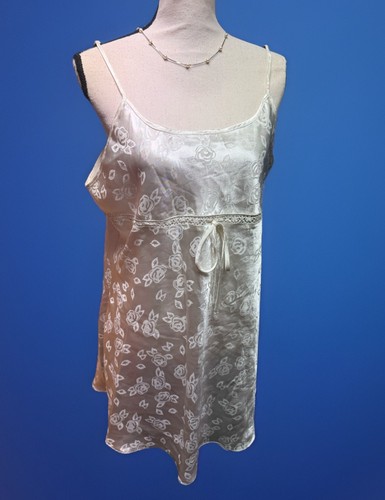 Vintage Satin Lingerie White Floral Slip Dress sz L Coquette Bow Babydoll Bridal