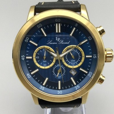 Lucien Piccard Mens Watch 48mm Blue Dial Gold Tone Chronograph New