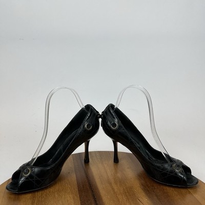 Womens Christian Dior Black Leather Grommet Accent Peep Toe Pumps