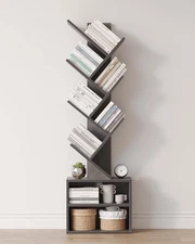  Tree Bookshelf, Tall Bookcase with Storage Cabinet, Modern Narrow 6 Tier Grey