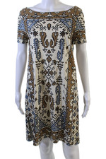 Tory Burch Womens Shift Dress Beige Pima Cotton Aztec Knee Length Size M