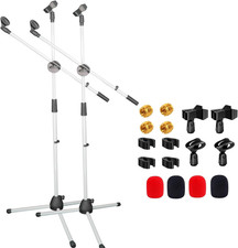 TWO Mic Stand Floor 2Pc Adjustable W Extending Telescoping Boom WHITE