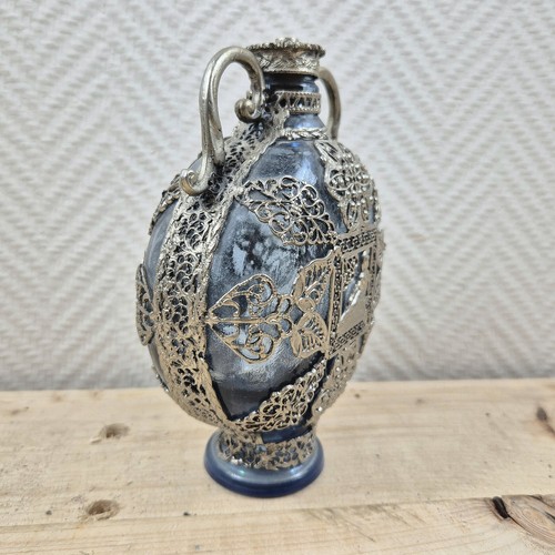 Ancienne tabatière en verre bleu cage avec superposition en métal orné - Picture 3 of 9