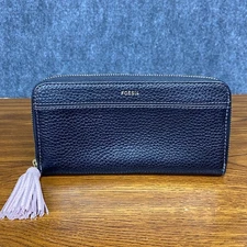 Fossil Tara Black Pebbled Leather Zip Around Clutch Wallet with Pink Tassel