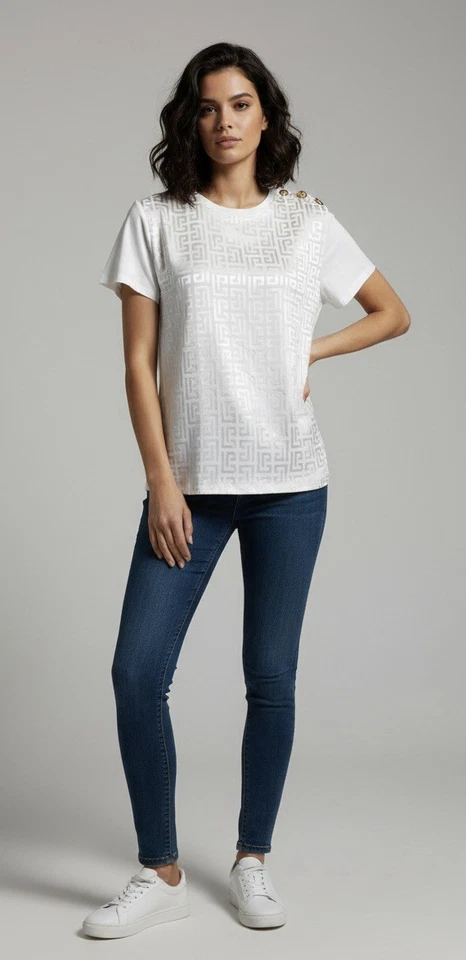 Balmain Luxe t-shirt Femme Oversize Blanc Monogramme Imprimé Tonal Or Neuf - Photo 1/4