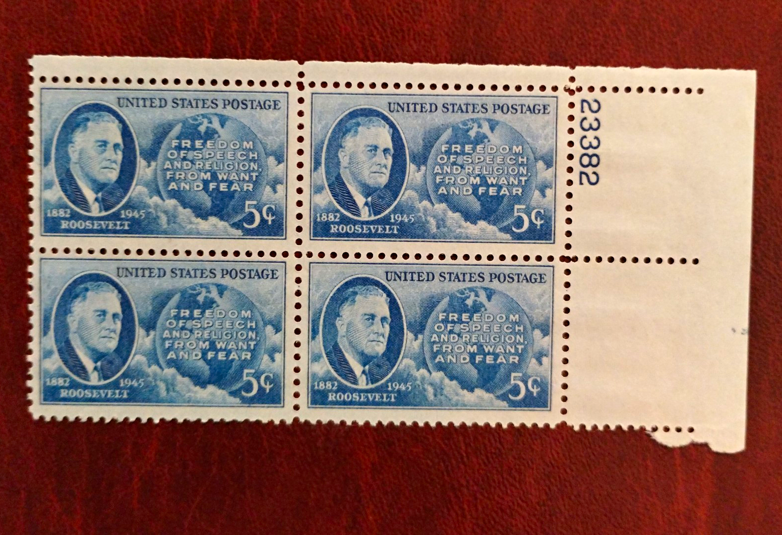 United States Roosevelt 5¢ Blue Plate Block of 4 OG Ungraded Uncert #23382