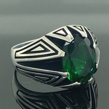 925 Sterling Silver Green Oval Emerald Zircon Gemstone Men's Ring