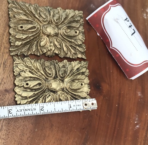 French Gild Antique Brass Furniture Pair 2 3/4”Applique Hardware Gold rectangle - Picture 9 of 14