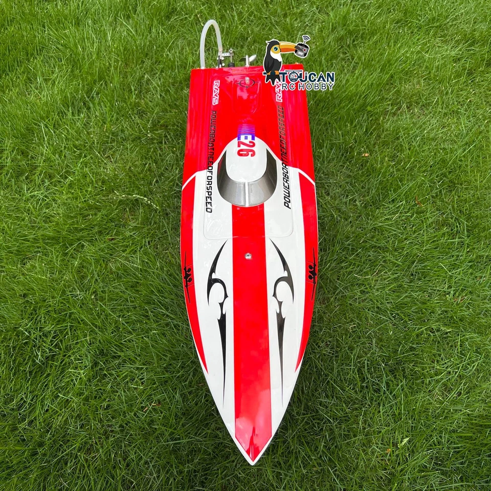 Barco de radiocontrol eléctrico de carreras rojo de fibra de vidrio E26 sin batería con servo motor ESC PNP Foto 3 de 4
