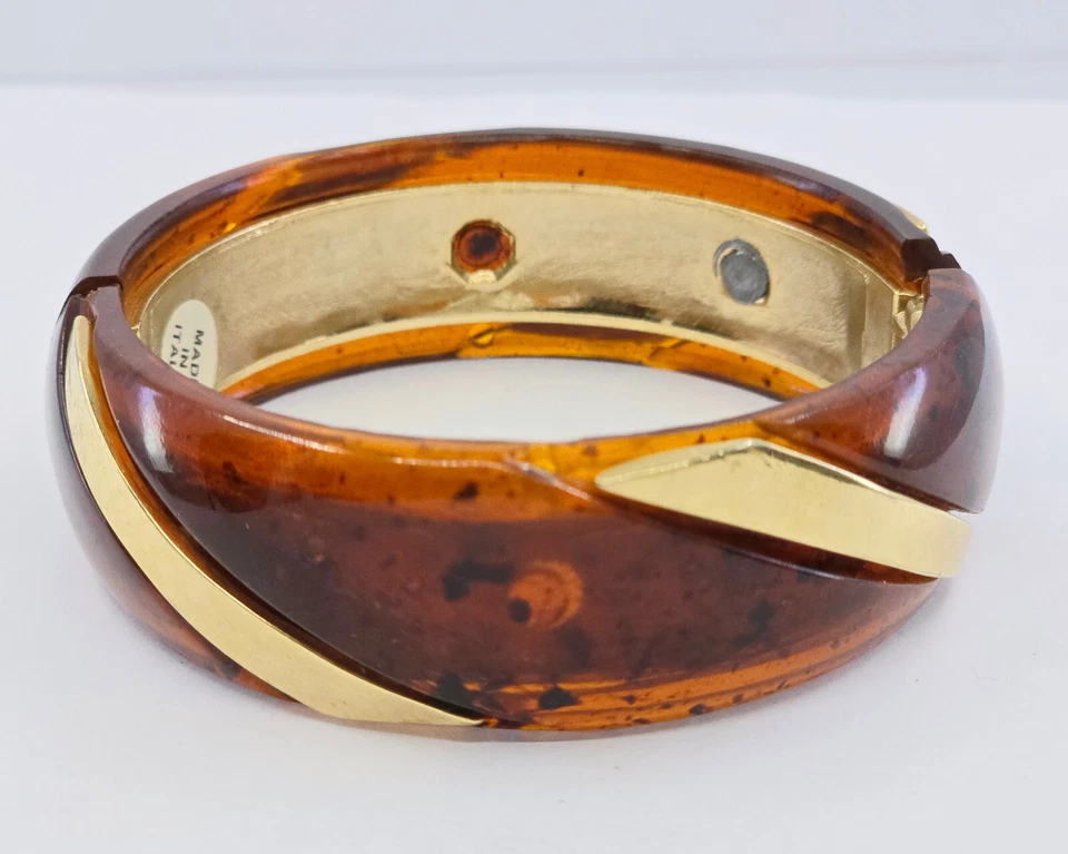 BRAZALETE BRAZALETE VINTAGE ITALIANO MODERNISTA MARRÓN LUCITA ORO 22mm ANCHO CON BISAGRAS Foto 4 de 4