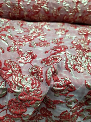 Red And Gold Fabric Sold By The Yard Metallic Floral Brocade For Dress 60'' W