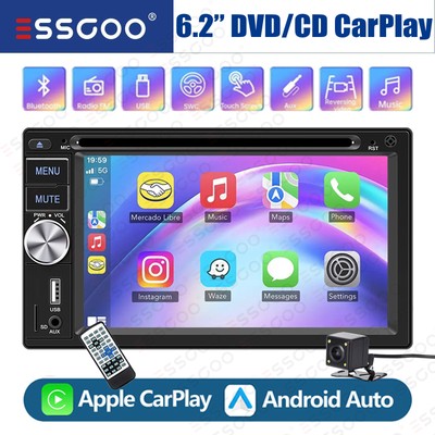 Double 2 DIN 6.2'' Apple CarPlay DVD/CD Player Car Stereo Radio USB BT FM+Camera