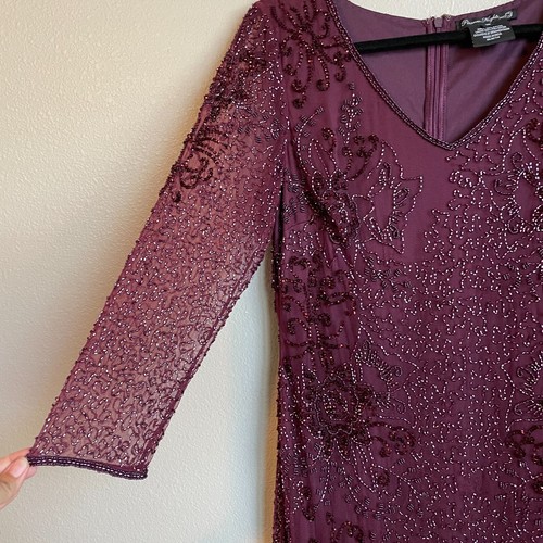 Pisarro Nights Beaded V-Neck Cocktail Dress Women's 10 Plum 3/4 Sleeve Wedding - Picture 4 of 17
