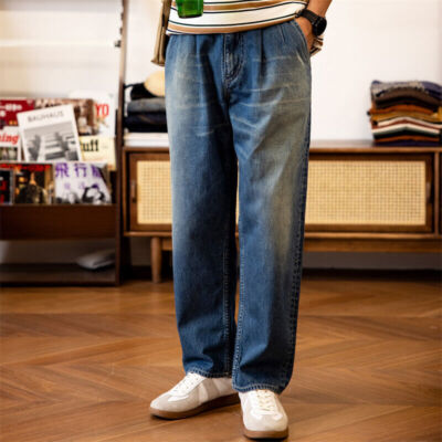 Red Tornado 50s Vintage Denim Pants Men's Loose Jeans Tapered Pants Retro Blue