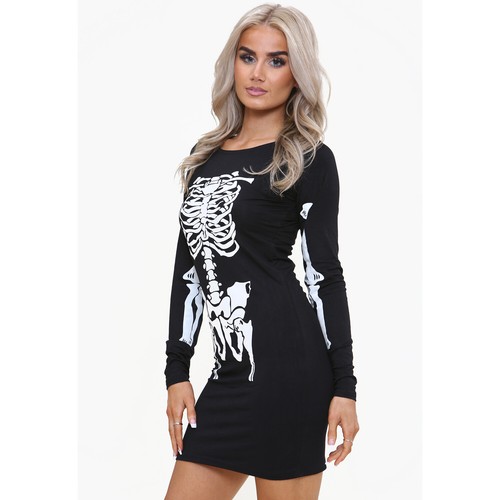 Damen Mädchen Halloween Skelettdruck Bodycon Tunika Kleid Schädel Knochen Kostüme - Bild 7 von 13