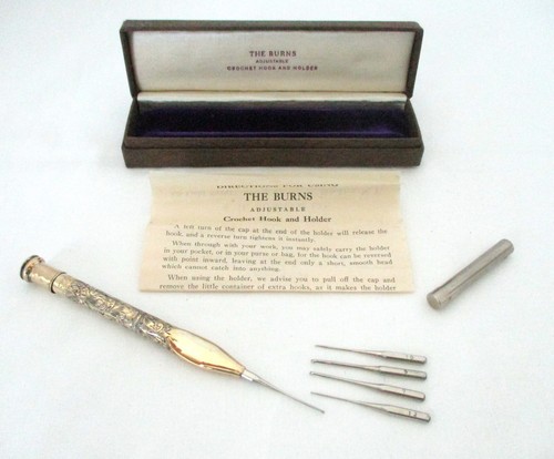 19TH C, Antique,BURNS 18K/STERLING CROCHET HOOK HOLDER, ALL ORIGINAL, box w/inst