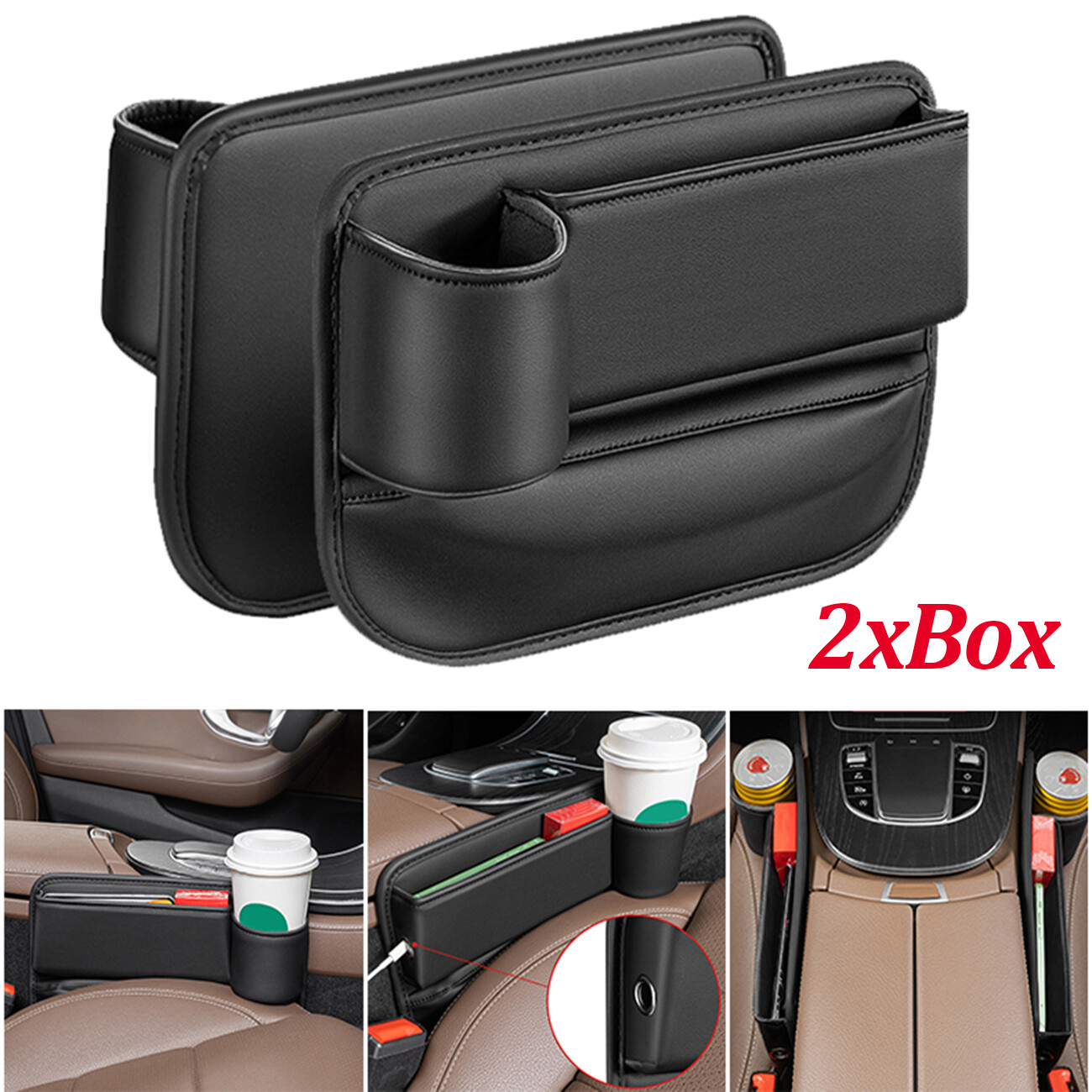 2Pc PU Leather Car Seat Gap Catcher Filler Storage Box Pocket Organizer Holder
