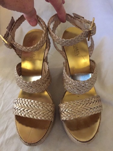 Michael Kors Oro Cuero Tirantes Tobillo Correa Alpargatas Cuña Tacón 9.5 - Imagen 3 de 12