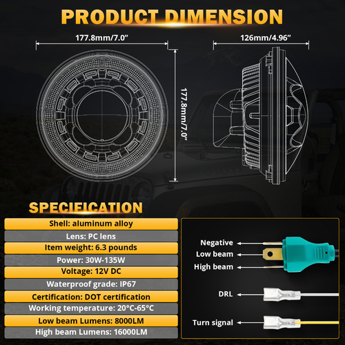AUXBEAM DOT 7" 135W LED Headlights w/ DRL&Turn Signal Hi/Lo for Jeep Wrangler JK - Picture 9 of 12