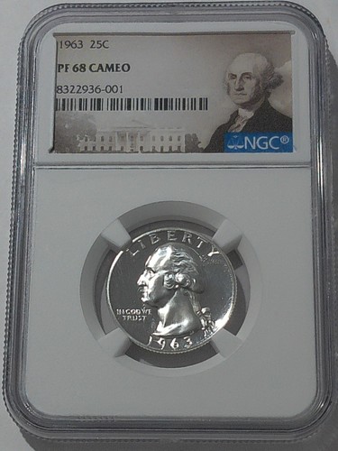 1963 NGC PF68 Cameo 90% Silver Proof Washington Quarter 25c - Picture 3 of 3