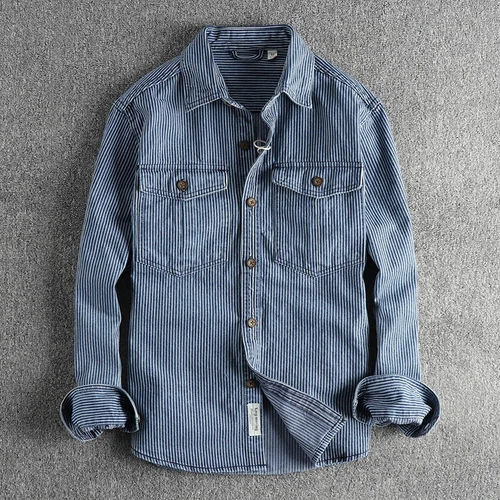 Garngefärbt Streifen Stoff gewaschen Retro Workwear Jeanshemd Herren Freizeithemd - - Bild 18 von 21