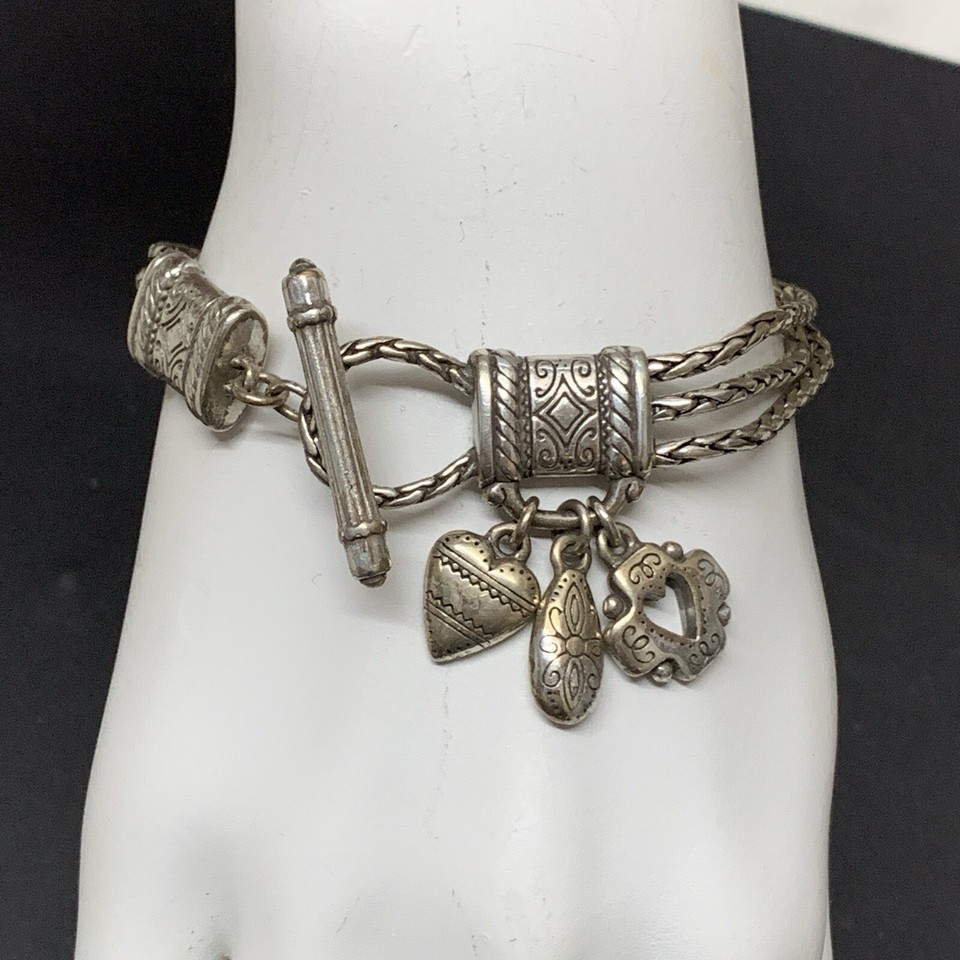 Silver Tone Brighton Multi Strand Toggle Charms Bracelet 7.5" Hearts