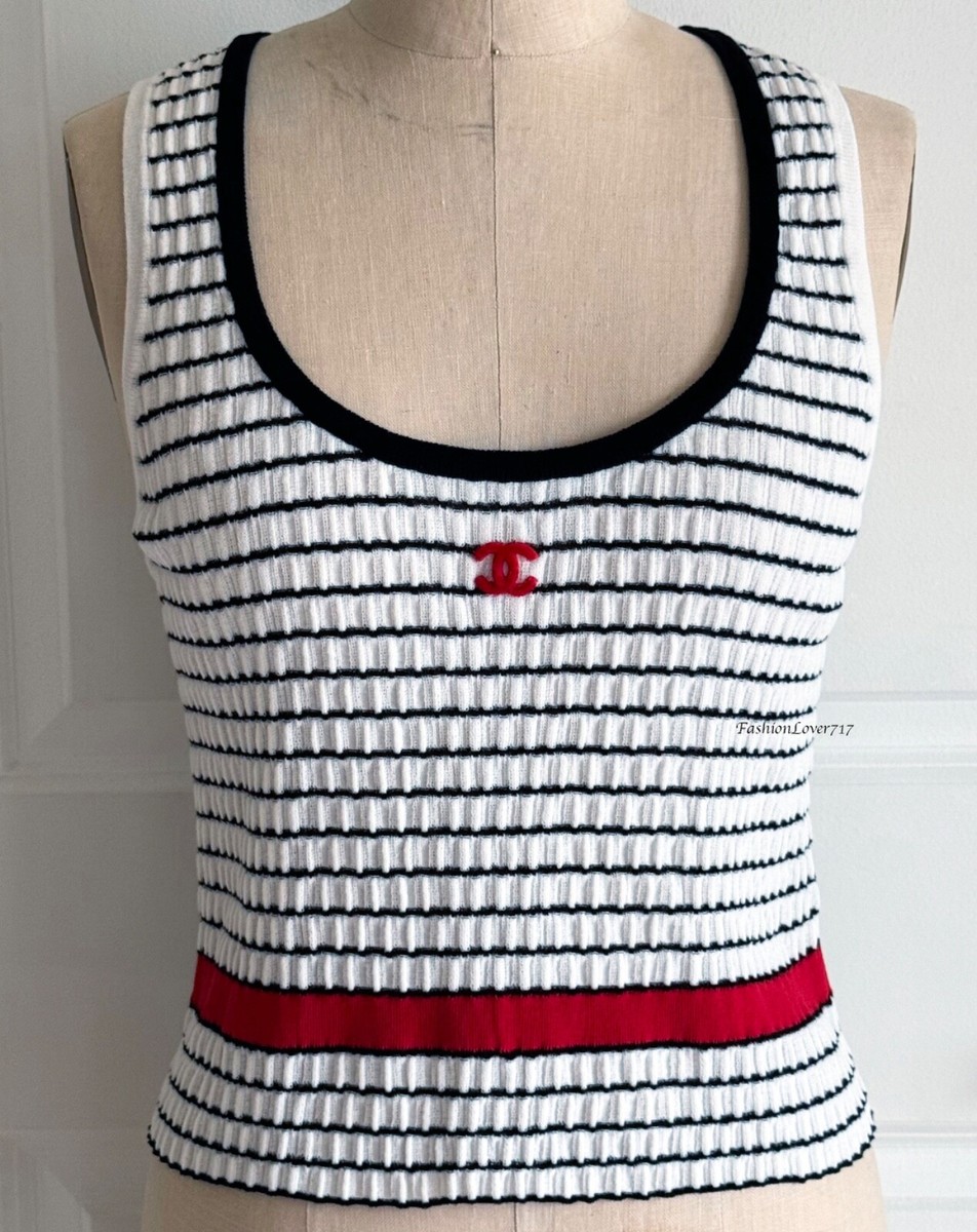 NWT 24P CHANEL WHITE BLACK RED RIB KNIT CC SLEEVELESS TANK TOP