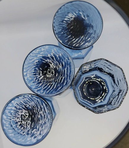 4 x Libby Blue Paneled Octagon Shaped Stemmed Goblets / Glasses Facet Textured - Picture 3 of 5