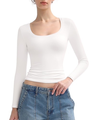 PUMIEY Long Sleeve Shirts for Women Scoop Neck Slim Fit Going Out Tops Double...