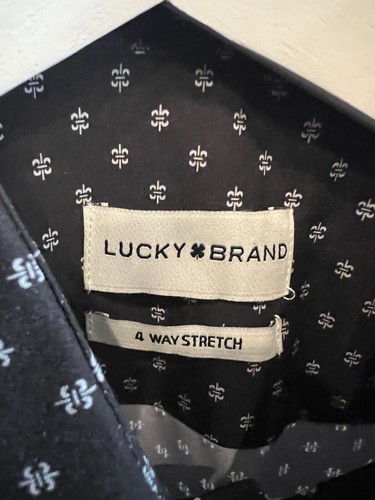 Lucky Brand Mens Button Down 14-14 1/2 Small S Stretch Black White Print NWT $60 - Picture 3 of 4