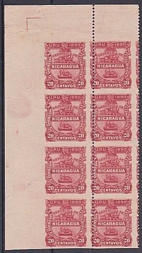 NICARAGUA 1890 20c MISPERF corner block of 8 unused........................A2579