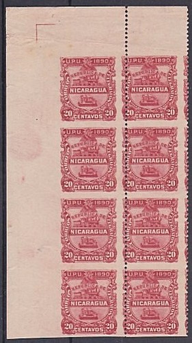 NICARAGUA 1890 20c MISPERF corner block of 8 unused........................A2579 - Zdjęcie 1 z 1