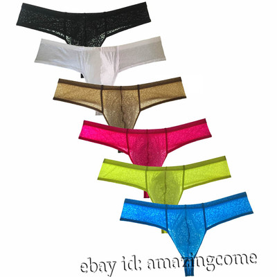 Men Jacquard Lace Bulge Pouch Thong Underwear Guy Sports Brazilian Bikini Boxers