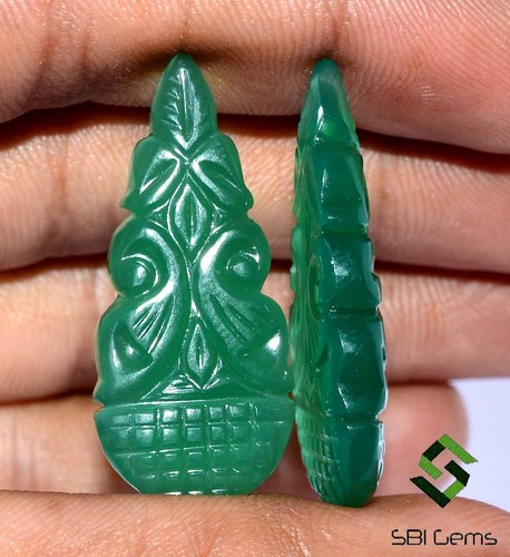 38.12 CTS Natural Green Onyx Handmade Carving Pair 34x15 mm Loose Gemstones - Picture 3 of 7