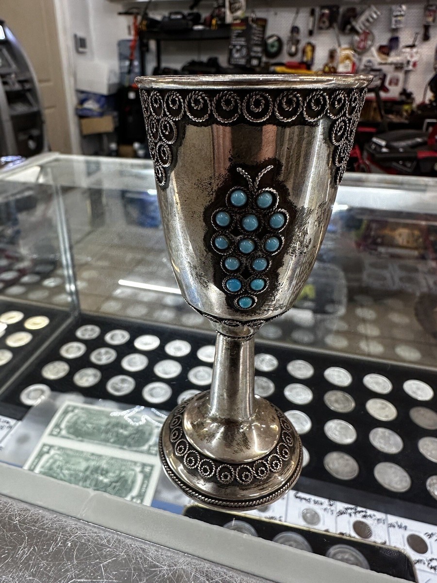 食器 Ju_n.I Vintage Sterling Judaic Kiddush Cup/goblet Turquoise Grape