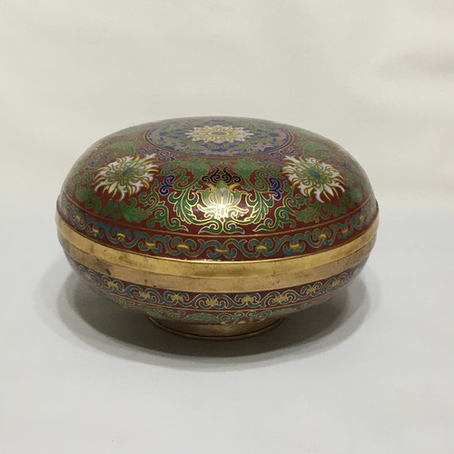 Fine Chinese Cloisonne Enameled Flower Round Footed Box 7"