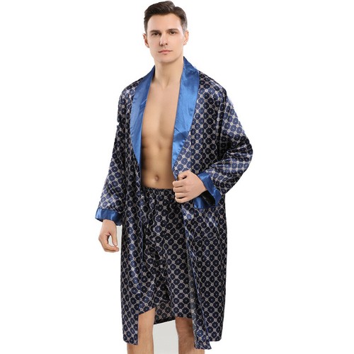 2Pcs Men Gown Bathrobe Pajamas Set Floral Faux Silk Satin Shorts Sleepwear Thin - Bild 2 von 11
