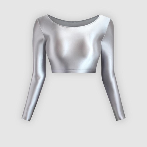 MJINM Damen Oil Shiny Stretch Crop Top Glossy Langarm Sport Gym T-Shirt - Bild 19 von 37