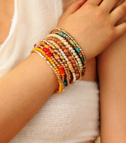 Juego de 12 pulseras con cuentas hechas a mano apilables multicolores elásticos - Imagen 3 de 10
