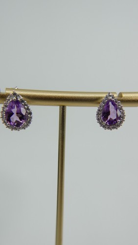 Pendientes de plata de ley amatista africana en forma de pera con circón blanco brillante - Imagen 2 de 9