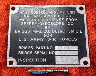 Sperry Ball Turret NAMEPLATE B-17 Flying Fortress B-24 Liberator B-32 Dominator