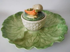 Fitz & Floyd Lettuce or Cabbage Chip Tray & Covered Soup or Dip Bowl c.1985 Nice