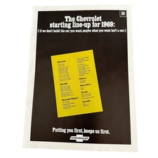 Chevrolet Starting Lineup 1969 GM Vintage Print Ad 1968 Car Dealer Man Cave Art