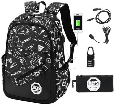 School Backpack Set 5in1 Graffiti USB Port Headphone Jack Drawstring Bag