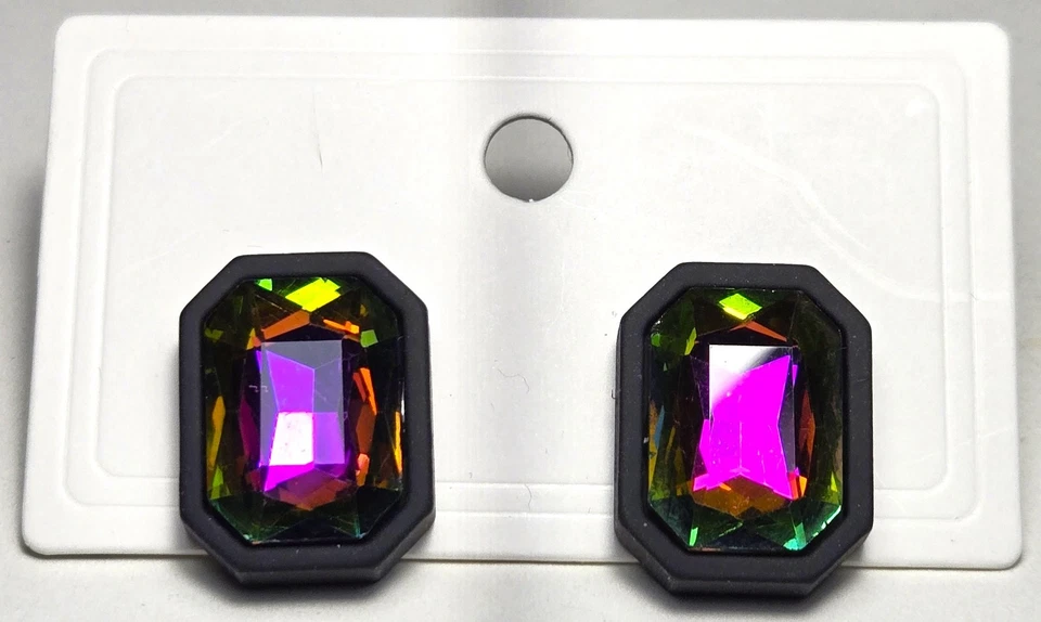 Pendientes perforados de cristal rectangulares grandes multicolores negros estilo años 80 vintage Foto 2 de 4