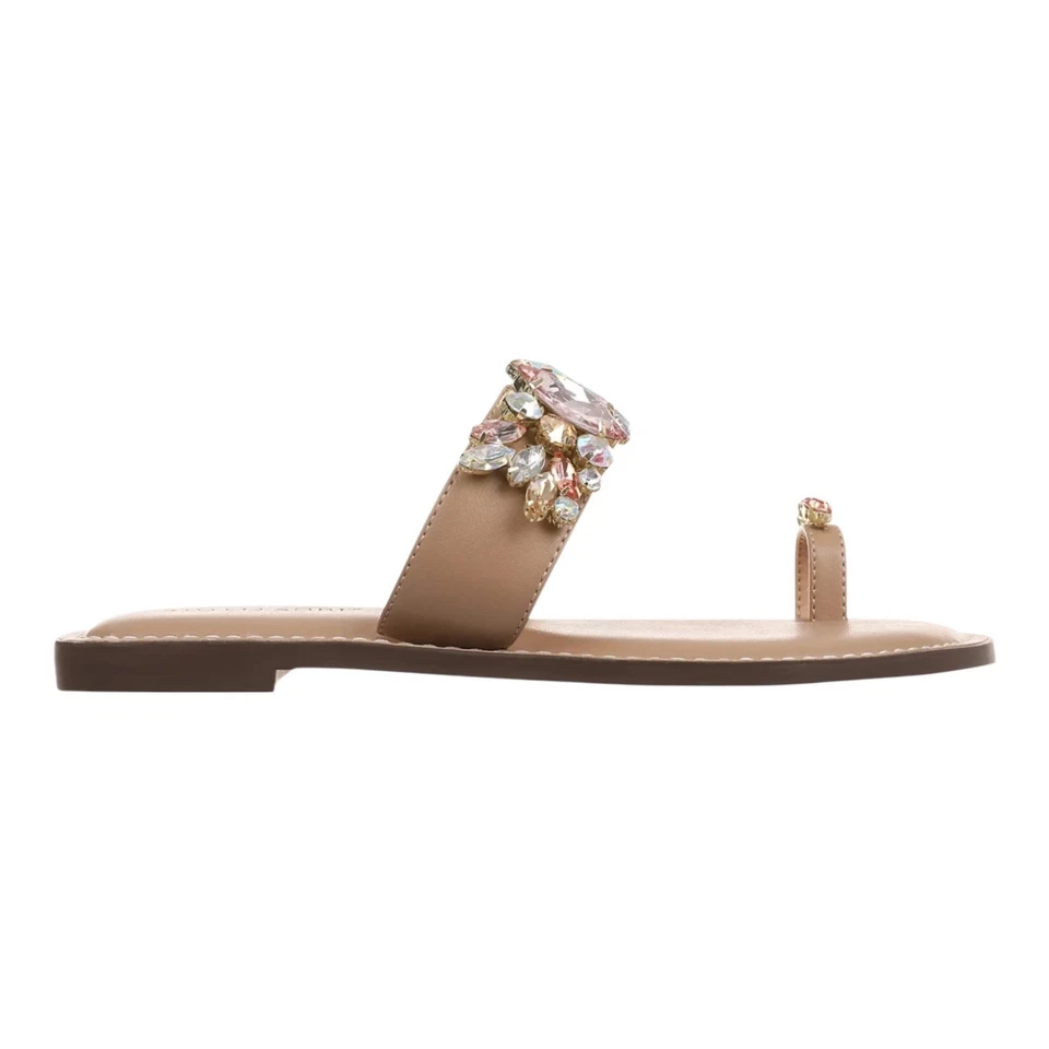 Sandalias planas para mujer Thalia Sodi Weylin adornadas con cristal beige talla 6 Foto 2 de 4