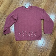 Vintage 90s Cottagecore Knit Sweater Medium Feminine Dainty Floral Pink