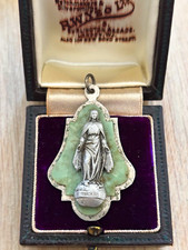 Virgin Mary Lourdes Medallion Medal Pendant ,Green agate & silver